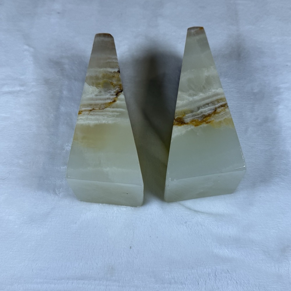 Vintage Green Onyx Marble Bookends Pair Natural Stone Brown Banded 7in Geometric - Picture 8 of 10